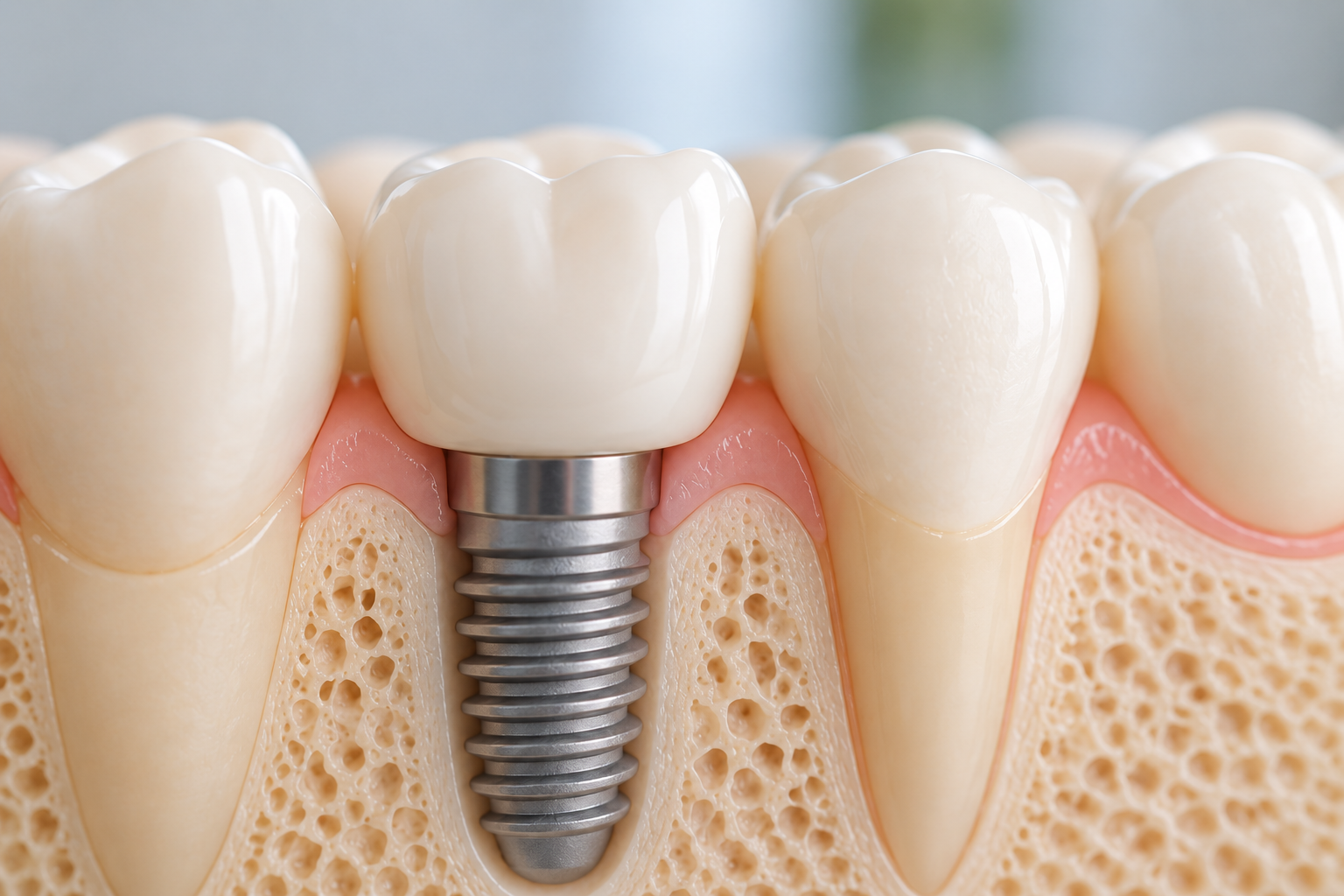 Coupe d'un implant dentaire plac&eacute; dans l'os de la m&acirc;choire
